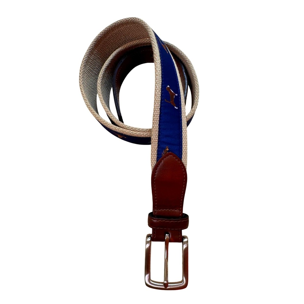 KMM Mens Ribbon Belt Navy Blue Canvas‎ Hunting Dog Mallard Duck Embroidery 36/90